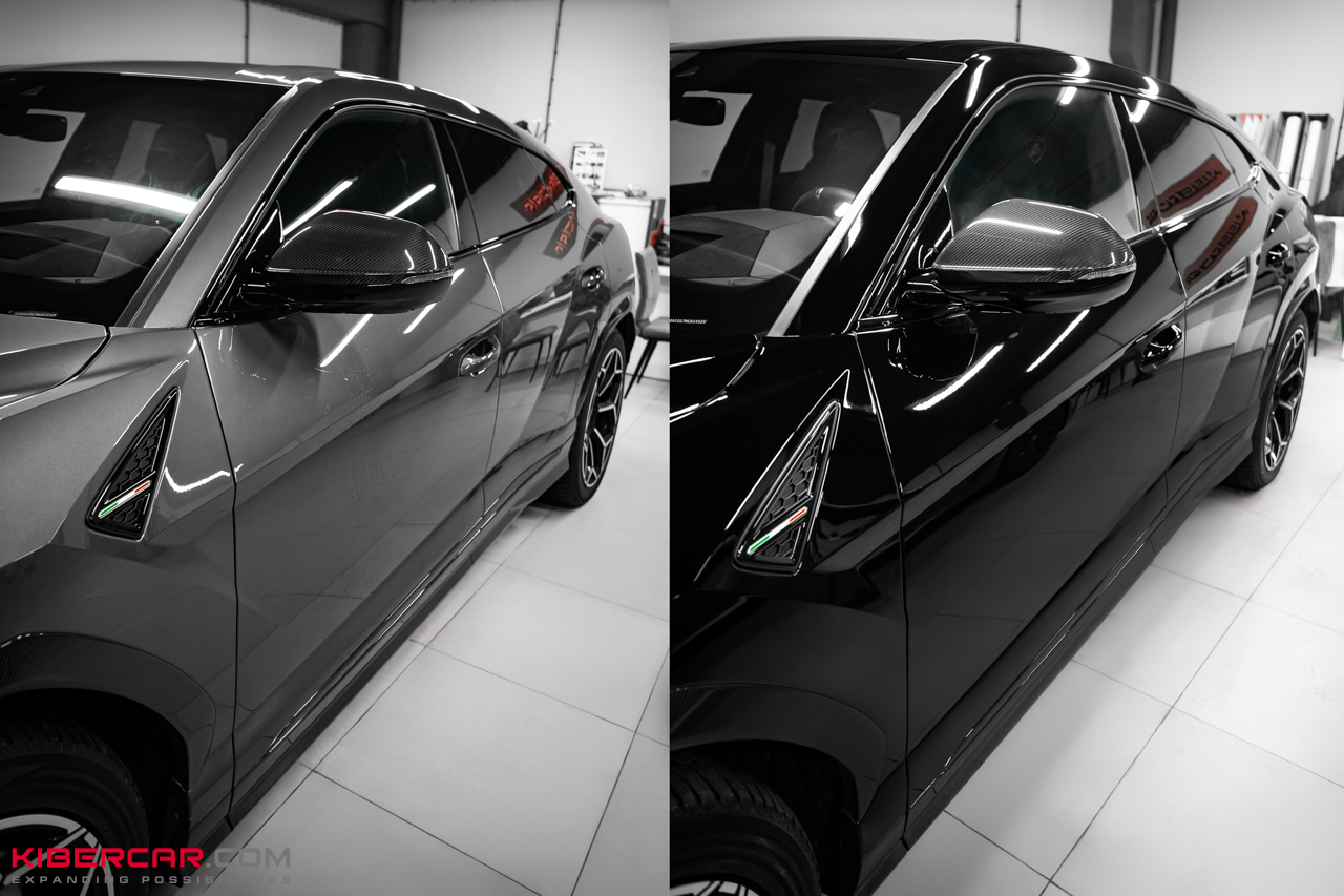 Оклейка Lamborghini Urus цветной полиуретановой пленкой с проемами: глубокий черный глянец вместо серого