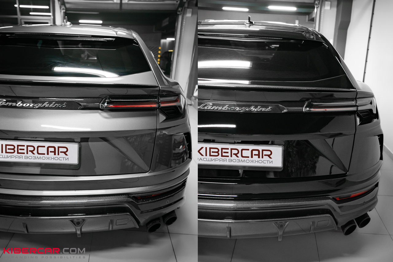 Оклейка Lamborghini Urus цветной полиуретановой пленкой с проемами: глубокий черный глянец вместо серого
